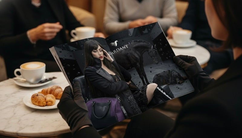 Person holding open Dardant fashion magazine catalog